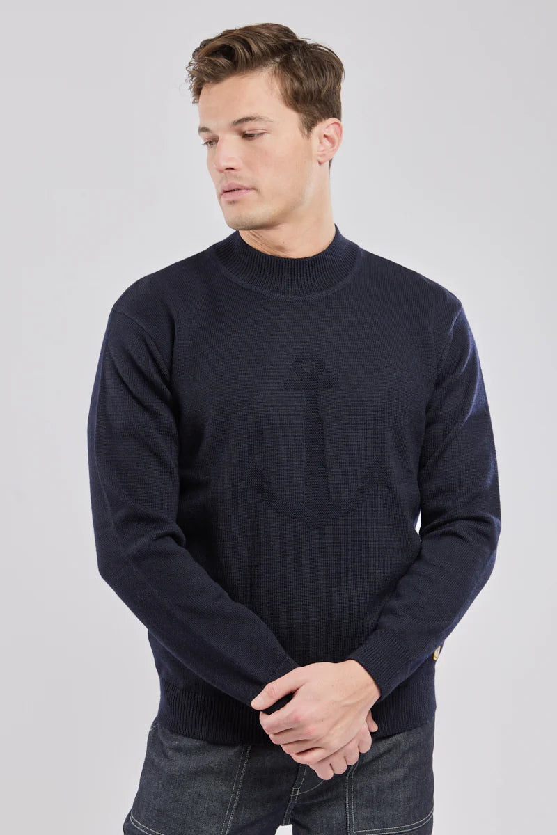 Pull col montant Ancre Navire Bleu Marine