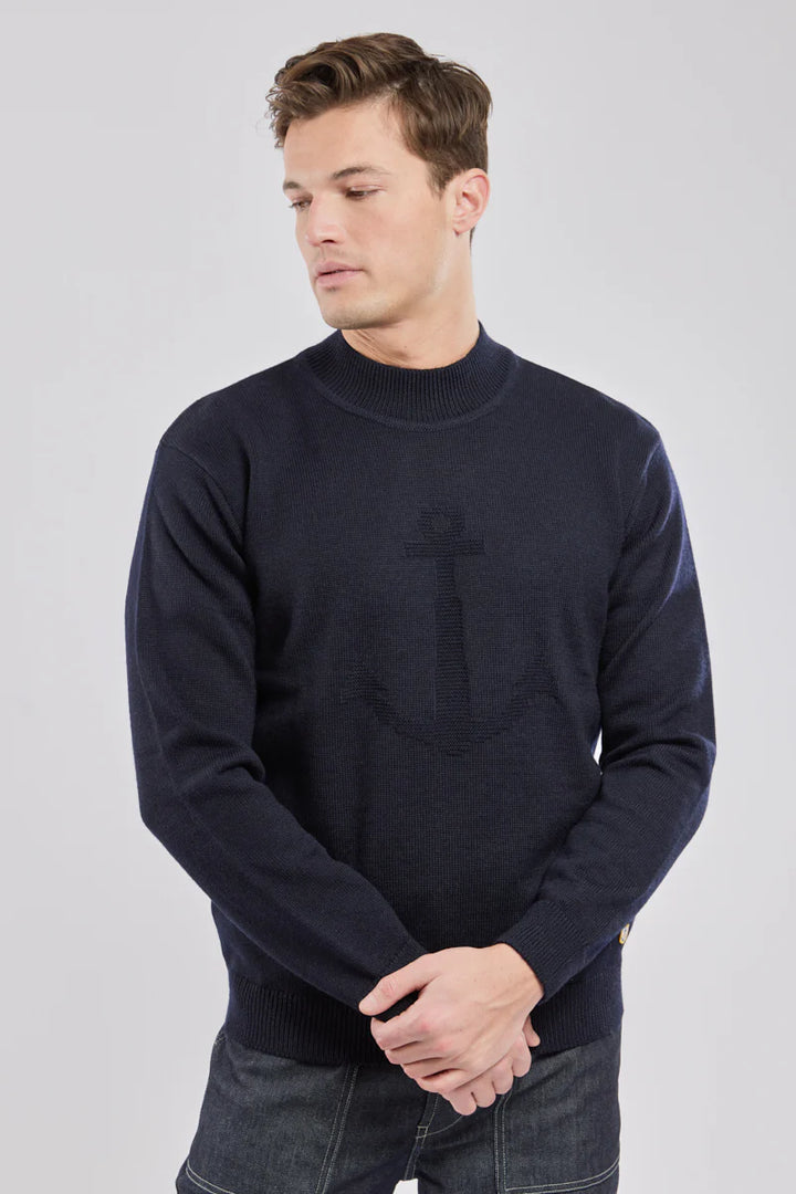 Pull col montant Ancre Navire Bleu Marine