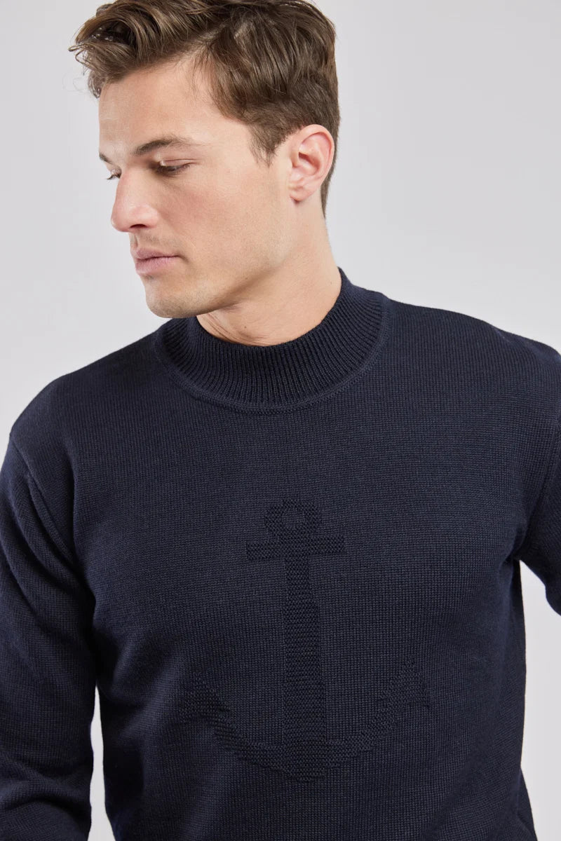 Pull col montant Ancre Navire Bleu Marine