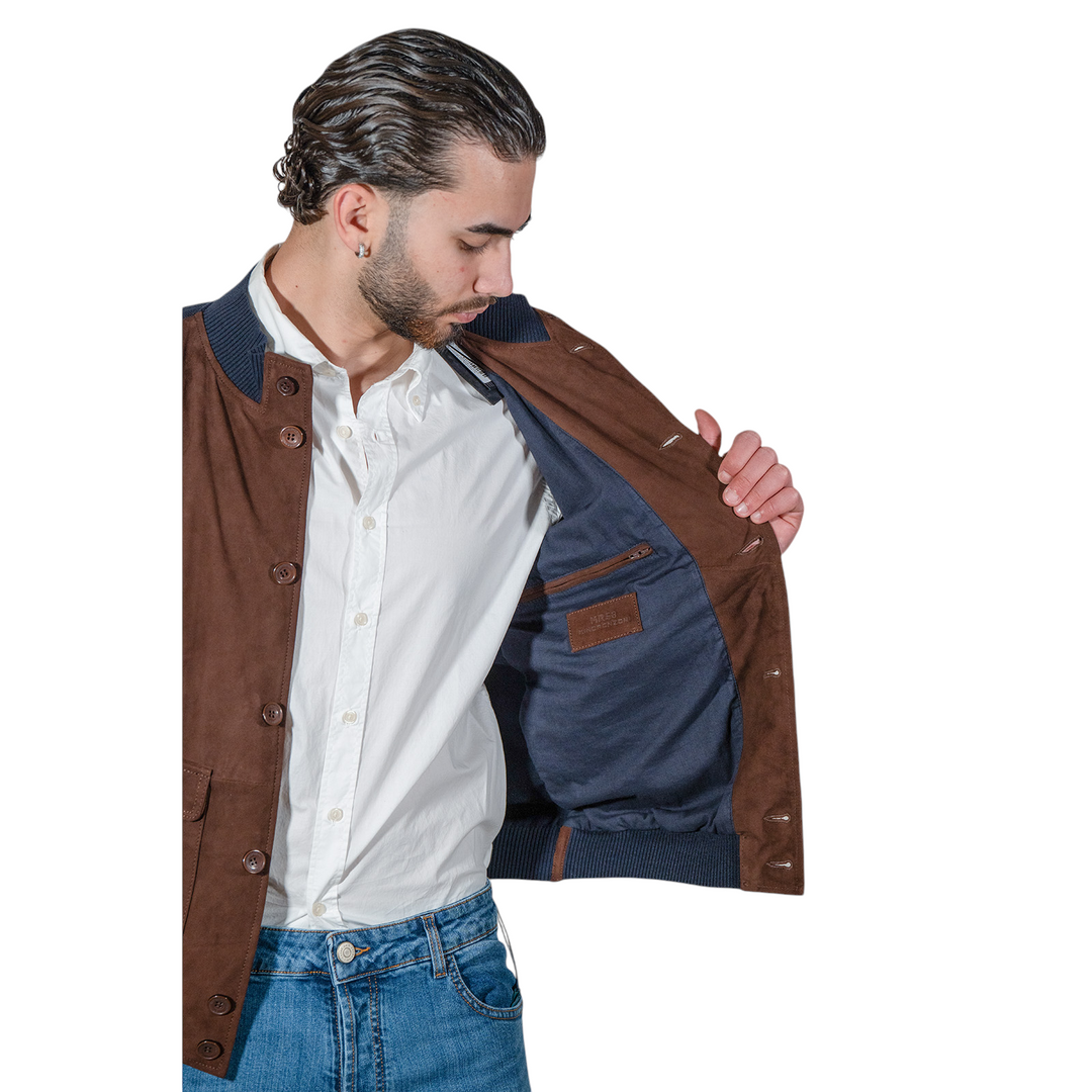 VESTE EN DAIM/JERSEY MARRON/BLEU