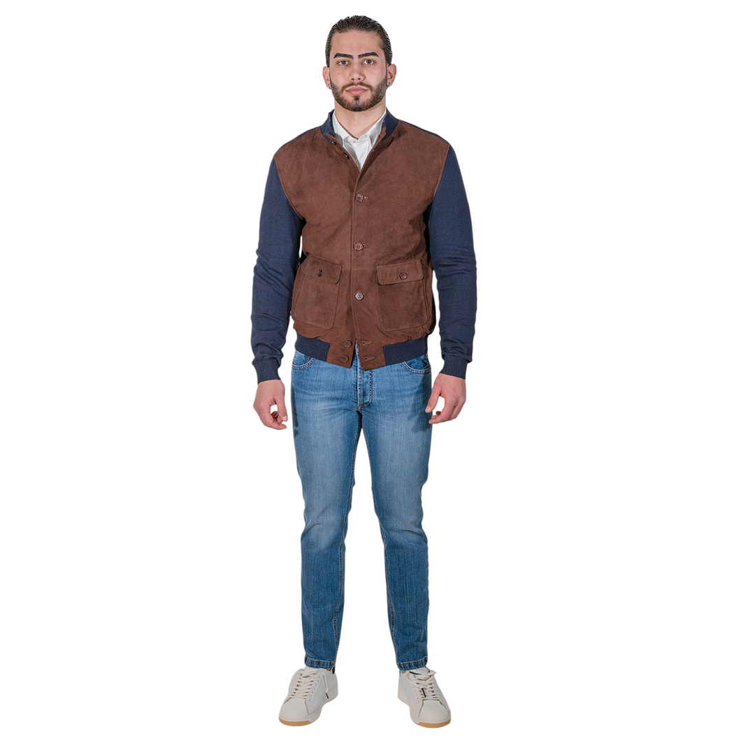 VESTE EN DAIM/JERSEY MARRON/BLEU