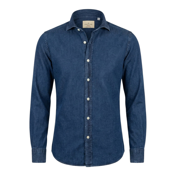 Chemise Denim Manches Longues Custom Tailor Fit Lin Coton Bleu