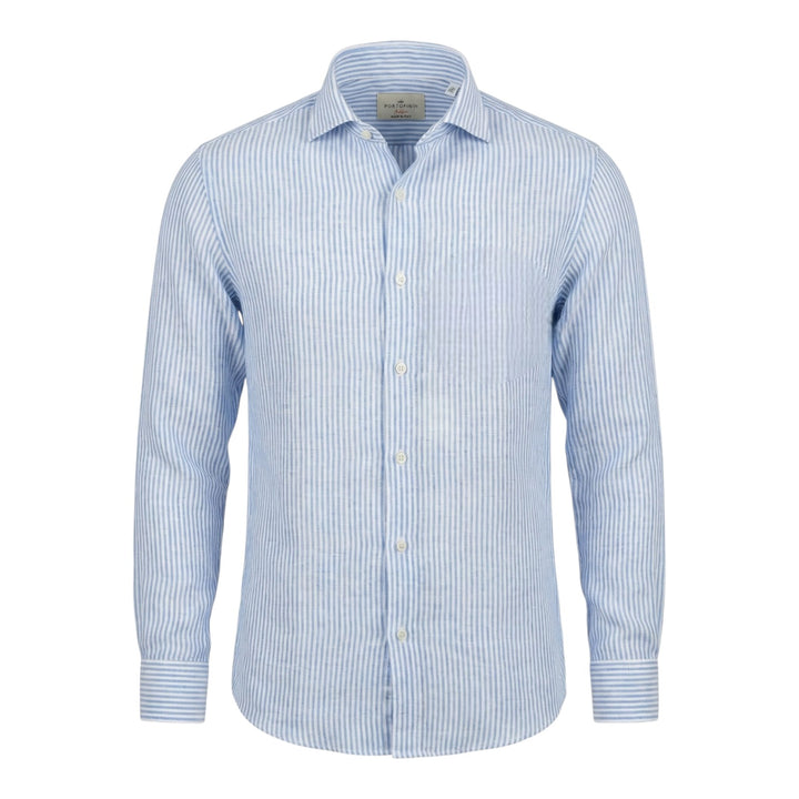 Chemise Manches Longues Custom fit 100% Lin Rayée Bleu Ciel-Blanc Washed