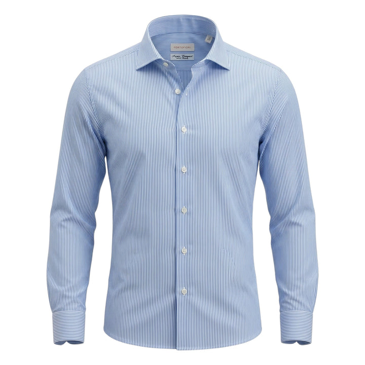 Chemise Manches Longues Custom Fit Coton Rayée Bleu Ciel-Blanc