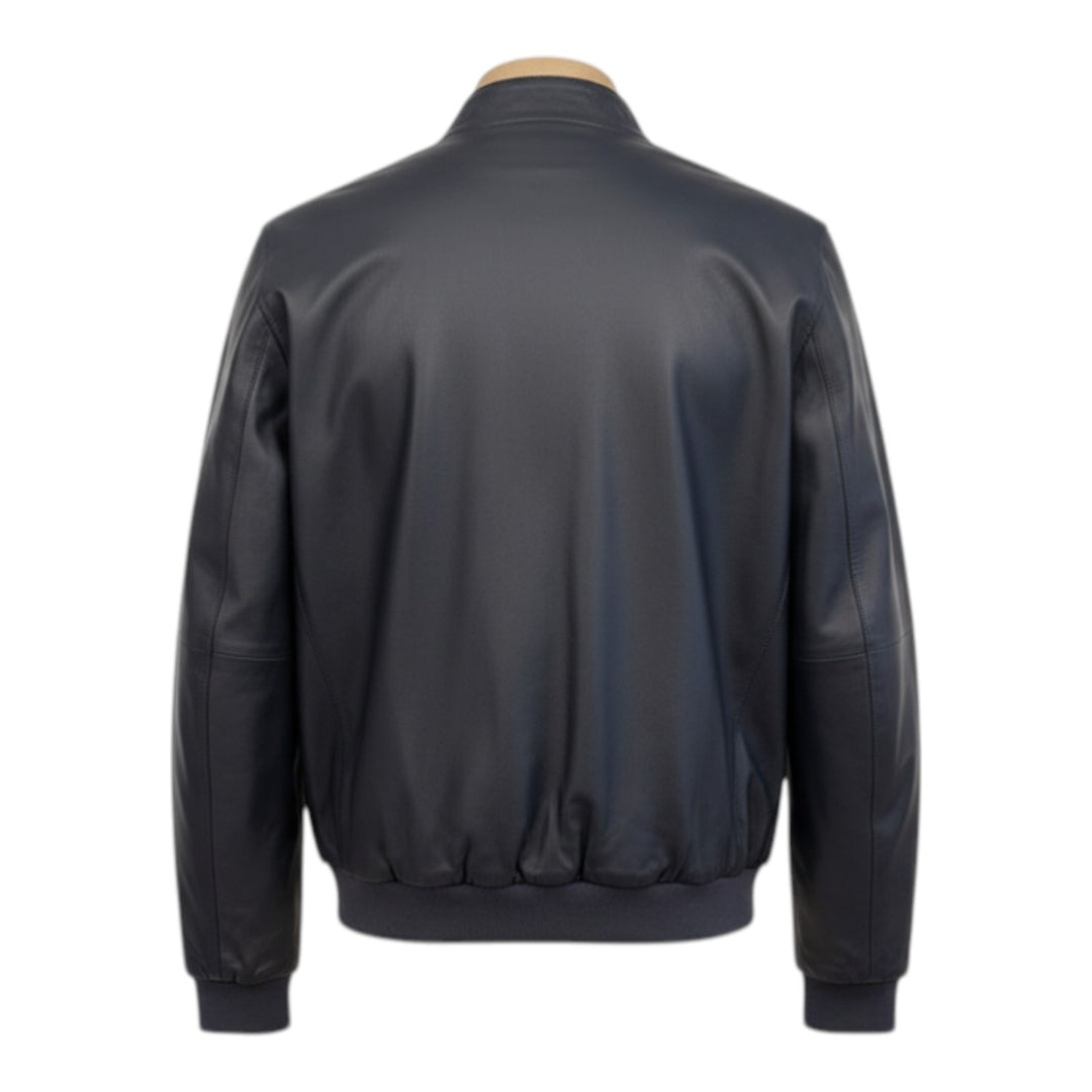 Blouson en Cuir Véritable Réversible Nylon Bleu Navy-Militaire