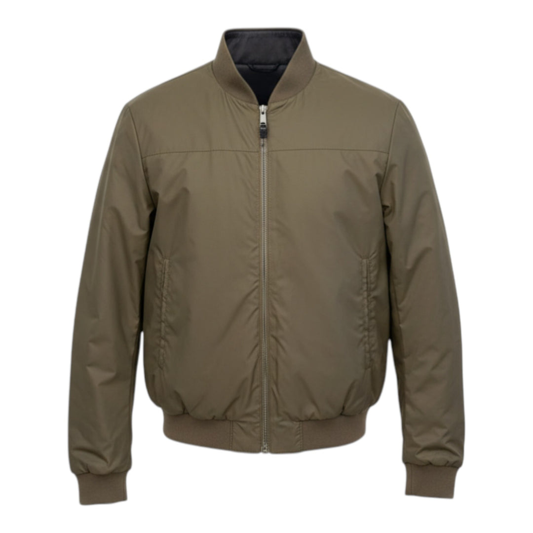 Blouson en Cuir Véritable Réversible Nylon Marron Foncé-Militaire