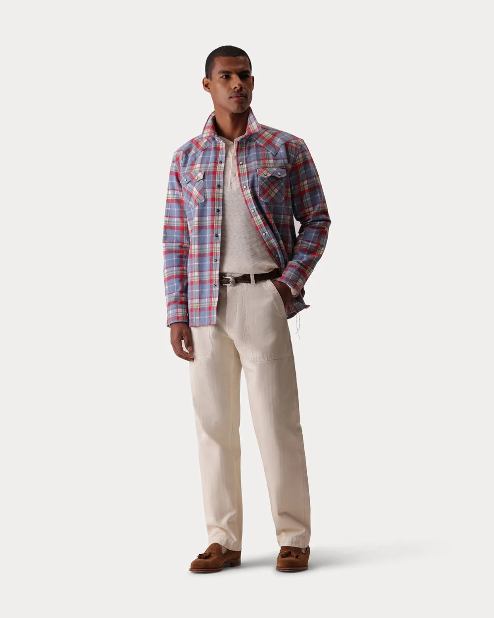 JOSH CHEMISE WESTERN EN COTON À CARREAUX RED/GREY