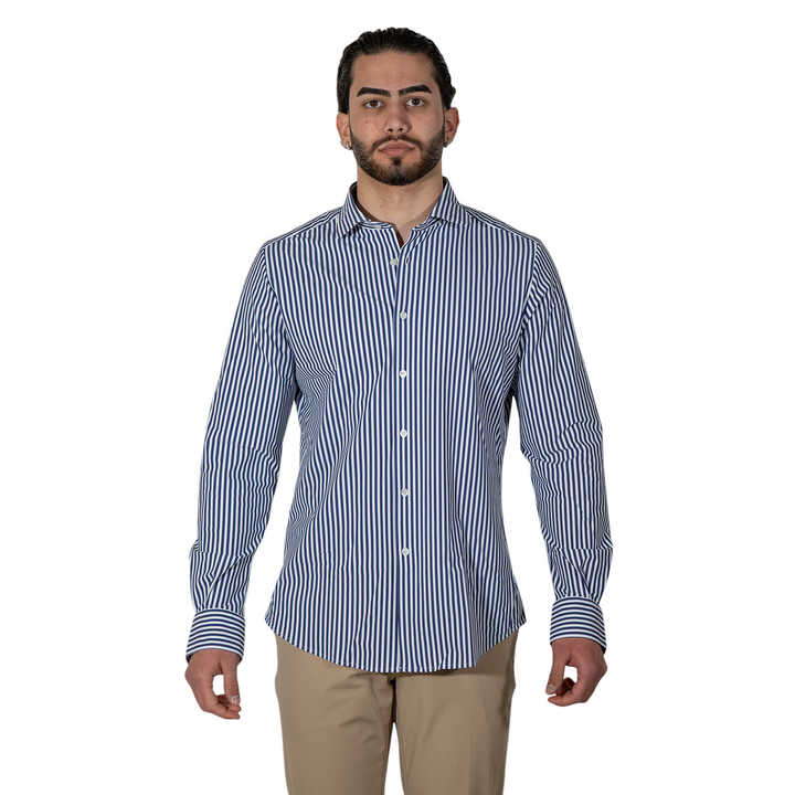 Chemise M/L Col français rayé bleu SANS REPASSAGE