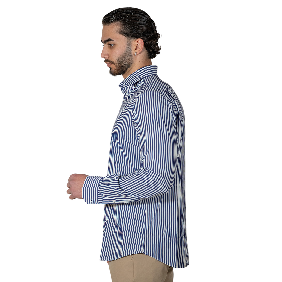 Chemise M/L Col français rayé bleu SANS REPASSAGE