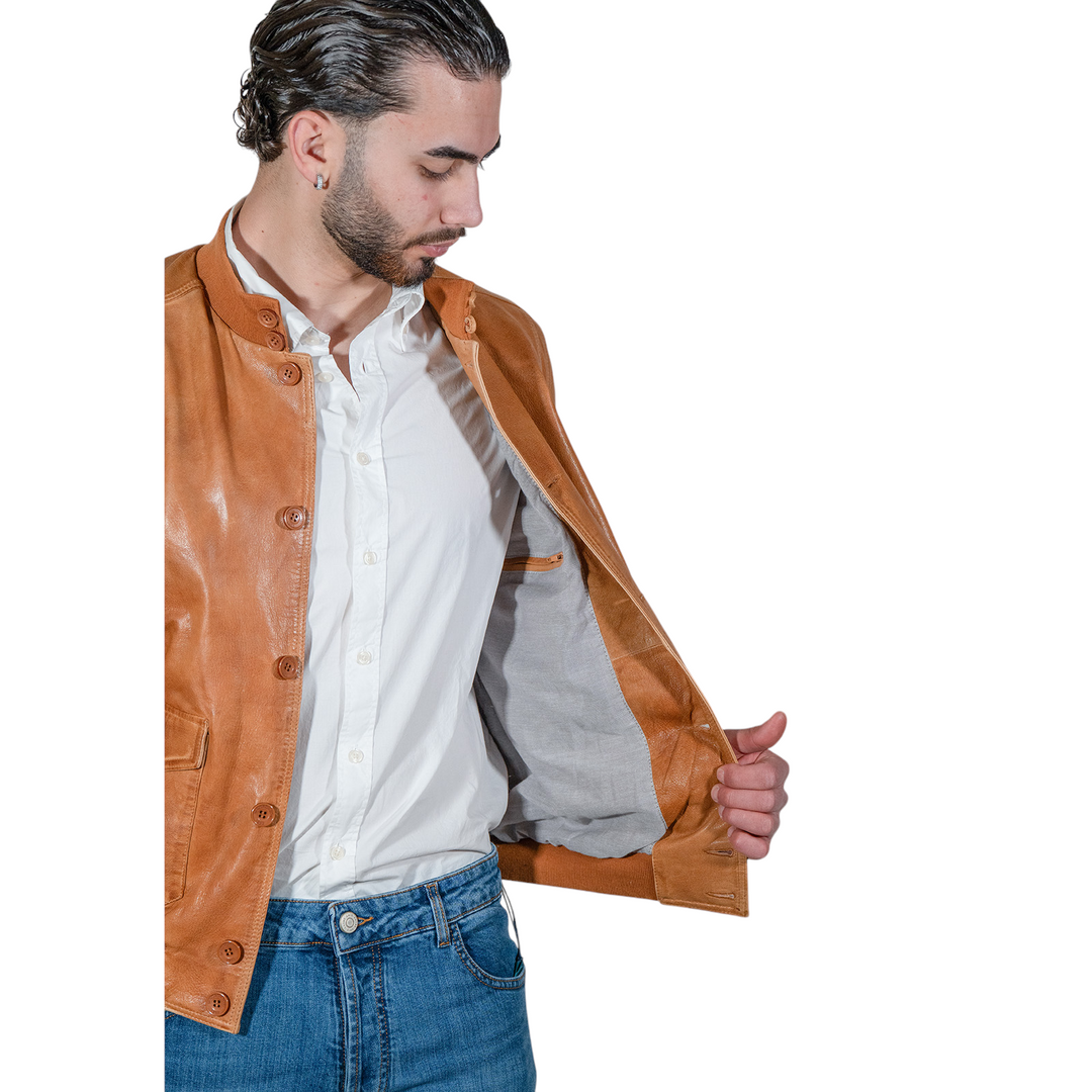 VESTE À BOUTONS EN CUIR COGNAC