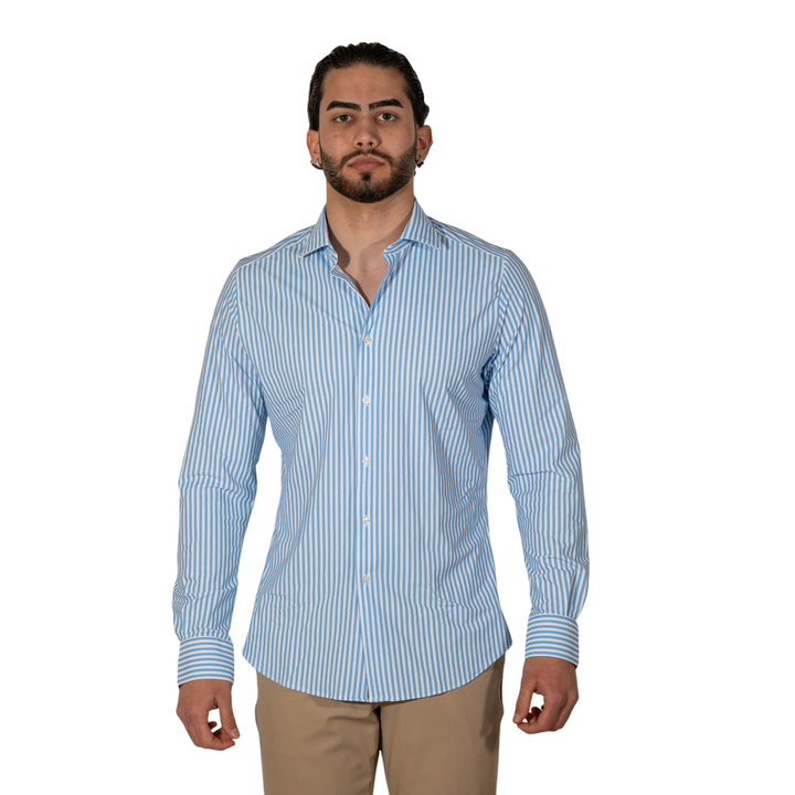 Chemise M/L Col français rayé bleu ciel SANS REPASSAGE