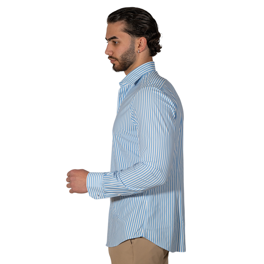 Chemise M/L Col français rayé bleu ciel SANS REPASSAGE