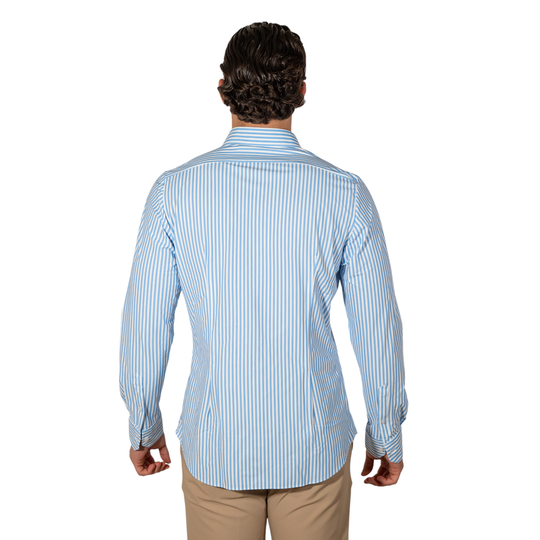 Chemise M/L Col français rayé bleu ciel SANS REPASSAGE