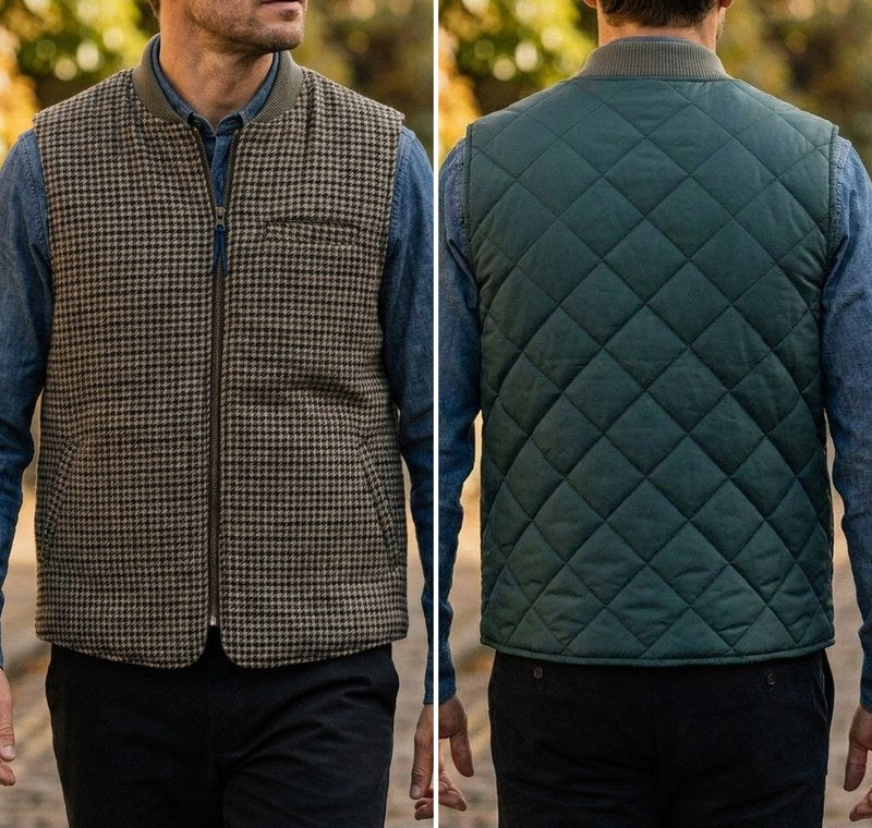 Gilet réversible pied-de-poule Bl'ker Vintage porté des deux côtés : à gauche la face pied-de-poule, à droite la face verte matelassée à losanges, vue de dos.